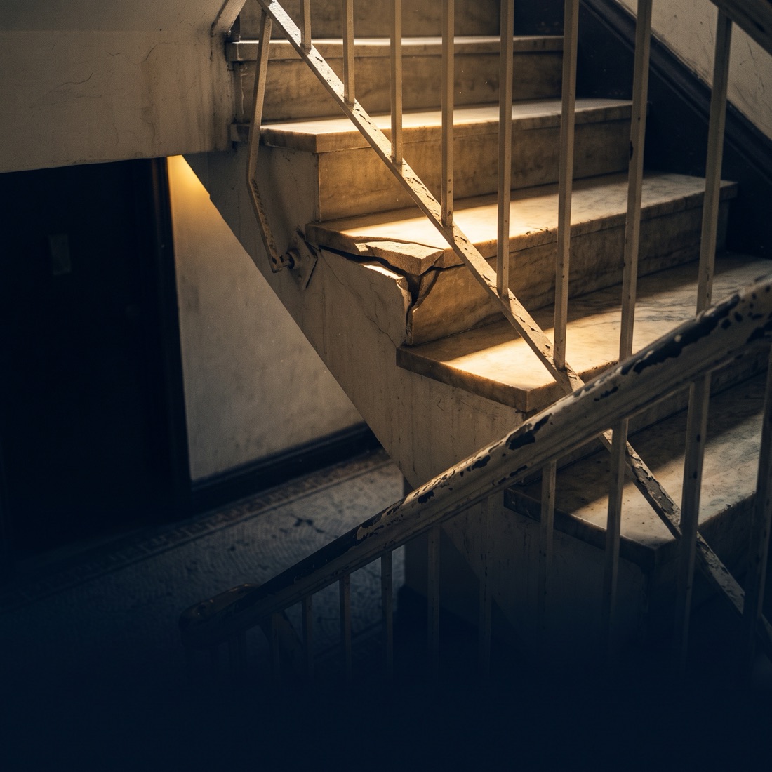 A cracked, broken marble step in an old New York apartment building stairwell